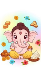 Cute Ganesha with Sweets and Flowers Playful Illustration
