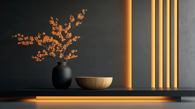 A modern minimalist interior with dark walls and accent lighting. On a black table, there are two vases a black one with a branch of orange flowers and a wooden bowl. 