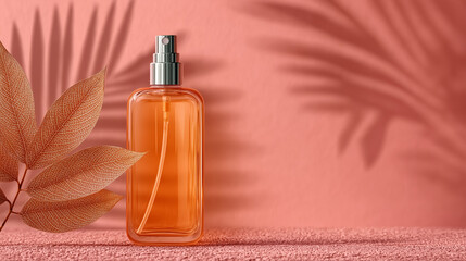 Fototapeta premium A photo of a transparent spray bottle with orange content, set against a soft pink background. The bottle has a silver cap with a sprayer. One side of the bottle is adorned with natural sandy-colored 