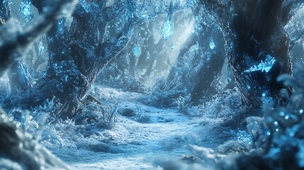 Obraz premium Magical frozen forest with icy blue tones, frosted branches, and sparkling snow-covered ground.