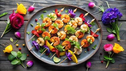 Delicious Grilled Shrimp Skewers Garnished with Vibrant Edible Flowers and Fresh Herbs on a Rustic Wooden Table