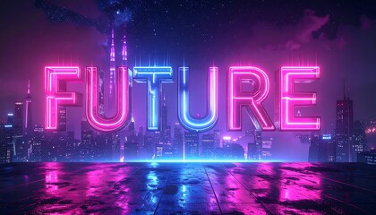 Neon-lit "FUTURE" sign glows above a futuristic cityscape at night, bathed in vibrant pink and blue lights.