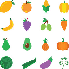 Healthy Food Fruits and Vegetables Vector Icons