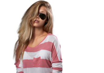 Stylish Woman in Striped Shirt with Sunglasses