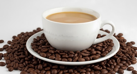 Elevated coffee presentation with piled beans and pristine background layout