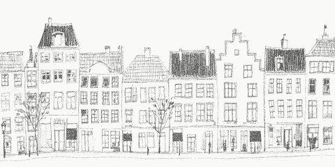 Crayon urban European landscape. Distressed brushstroke with dusty grain scattered noise and faded halftone pattern. Gritty texture with scratchy ink and aged paper surface.