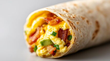 Delicious breakfast burrito filled with scrambled eggs and bacon