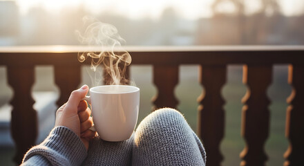 Morning serenity steamy mug on a balcony relaxing moment soft and warm feeling