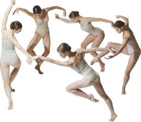 Ballet dancers forming abstract flowing composition with concentrated grace. Concept of motion study, teamwork, performance dynamics, and creative collective choreography. Transparent background.