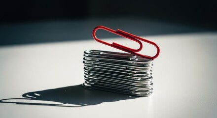 A red paperclip atop a stack of metallic ones