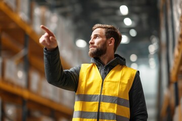 Warehouse operations manager supervising inventory industrial warehouse photography indoor environment side view leadership concept