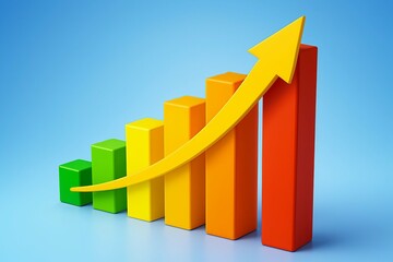 Rising colorful bar graph with a yellow arrow indicating upward growth and success against a blue background