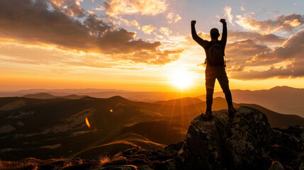 Person stands triumphantly on rock, silhouetted against stunning sunset. vibrant colors of sky blend beautifully with mountainous landscape, creating sense of achievement and adventure
