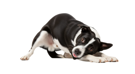 Playful dog stretching isolated on transparent background, tongue out