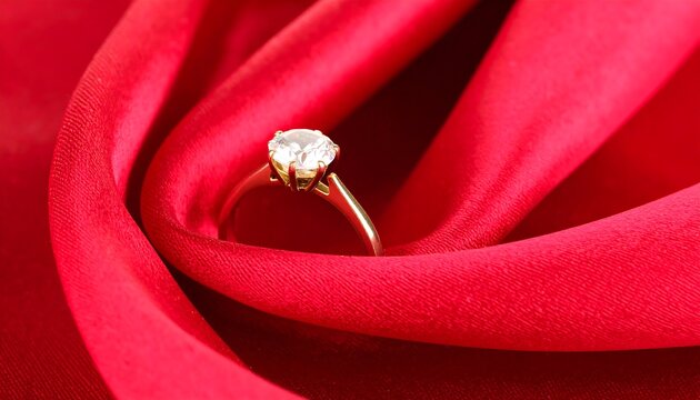 A golden engagement ring rests on a swathe of vibrant red fabric, showcasing a sparkling diamond.