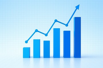 Fototapeta premium Blue bar graph with upward trending line chart showing financial growth and positive economic progress