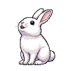 A pixelated illustration of a white rabbit sitting upright, looking upwards with a happy expression.