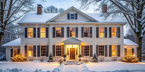 A charming colonial-style house adorned with winter's embrace, illuminated by warm interior lights, creating a serene and inviting atmosphere during a snowy evening.