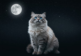 A Blue-Eyed Cats Celestial Gaze Upon the Luminous Full Moon at Night.