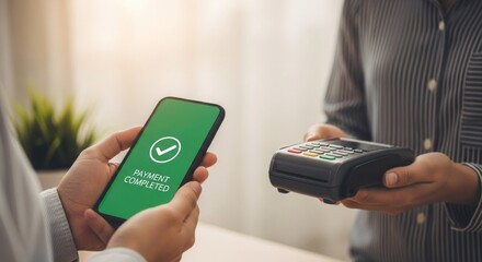 Customer making mobile payment using smartphone at pos terminal representing cashless transaction