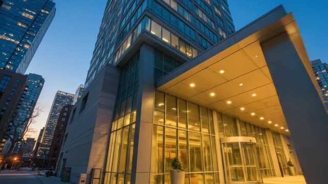An evening cityscape showcases a modern building?s entrance with illuminated portico and glass facade. Other skyscrapers rise, contrasting a dim blue sky