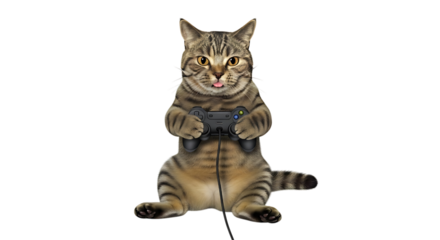 A cat playing video game isolated on transparent background