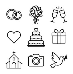 Wedding icon set: rings, flowers, toast, cake, gift, church, camera, dove, heart