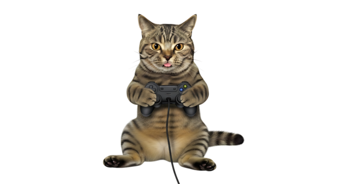 A cat playing video game isolated on transparent background