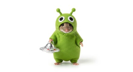 Obraz premium mouse dressed in a green alien costume, Funny Martian Halloween costume, white background