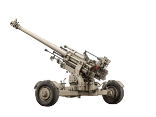 A detailed, isolated shot of a formidable military cannon, ready for action. 