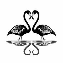 Naklejka premium Two flamingos are reflected in the water with their heads together image vector.