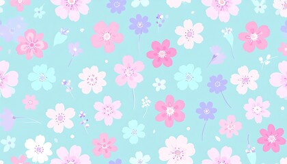 A delightful repeating pattern of pastel-colored flowers on a light teal background.