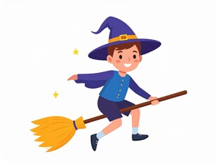 Smiling boy in a witch costume, flying on a broom, Halloween themed illustration.