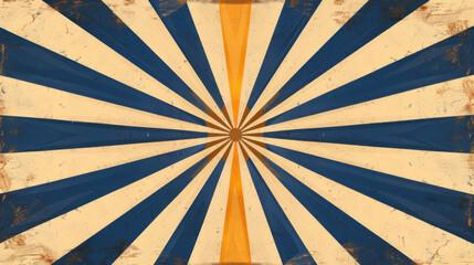 Vintage radial background design features alternating blue and cream stripes radiating from central point, creating retro aesthetic. This design evokes sense of nostalgia and can be used