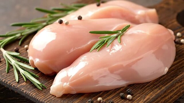 Three raw chicken breasts rest on a wood board garnished with sprigs of rosemary and peppercorns