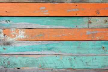 Naklejka premium Textured wooden planks, painted in varying shades of teal, orange, and gray, exhibit a weathered, rustic aesthetic.