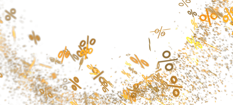 Abstract background with exploding golden percentage symbols. Ideal for sales, discounts, finance.