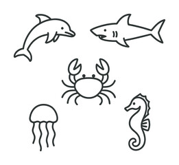 Outline icons of sea creatures: dolphin, shark, crab, jellyfish, seahorse