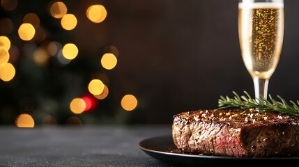 Gourmet steak dinner with champagne and festive bokeh lights