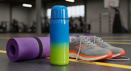 Fitness Essentials: Yoga Mat, Water Bottle, and Sneakers in a Gym Setting - Motivation for Exercise and Healthy Lifestyle.