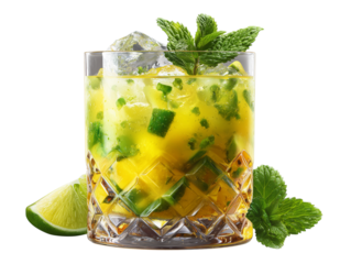 A close-up shot of a refreshing Mango Mojito, a vibrant and delicious cocktail, with ice cubes and lime slices, promising a tropical escape. 