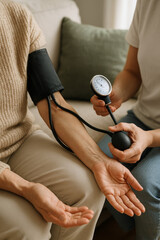 Close-up of manual blood pressure check at home: cuff, gauge and squeeze bulb, hands only, soft natural light on sofa.
