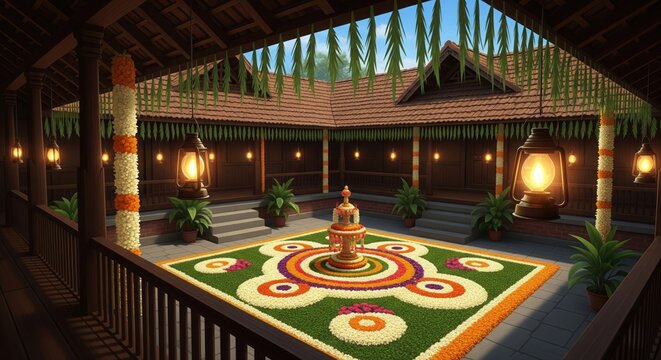 Traditional Kerala nalukettu house decorated with pookalam Onam