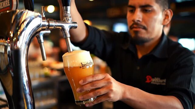 young hispanic male bartender pouring draft beverage from crane into glass, with foam. craft and skill involved in serving on international beer day. food and drink, service industry, lifestyle