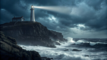 A solitary lighthouse stands tall on a rocky cliff overlooking a stormy sea with crashing waves under a dark cloudy sky