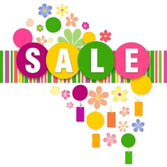 Bright and colorful sale announcement with flowers and circles on a striped background