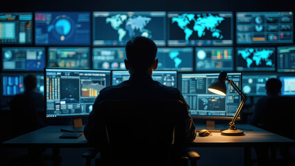 A person monitors multiple screens displaying global data, analytics, and maps in a high-tech control room, focused on real-time information and digital security.