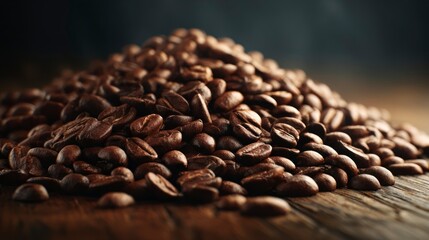 Roasted coffee beans pile closeup