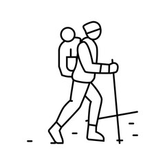 hiking backpack and walking stick line icon vector illustration