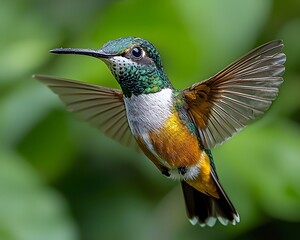 Fototapeta premium A hummingbird in flight with blurred wings